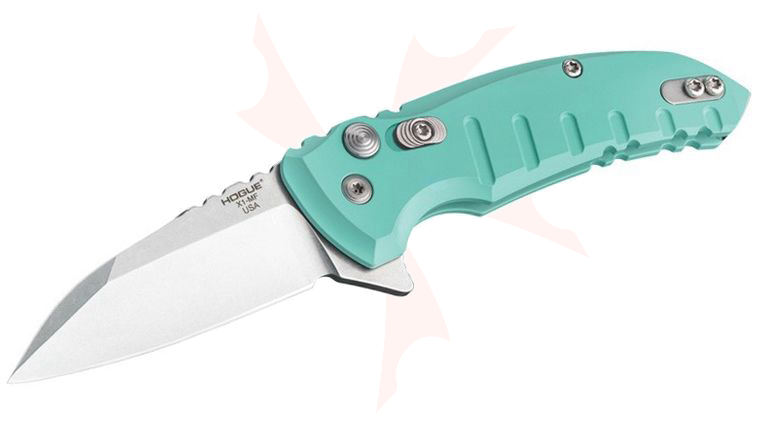 Hogue Elishewitz X1-Microflip Flipper 2.75 inch CPM-154 Stonewashed Plain Wharncliffe Blade, Aquamarine Aluminum Handles