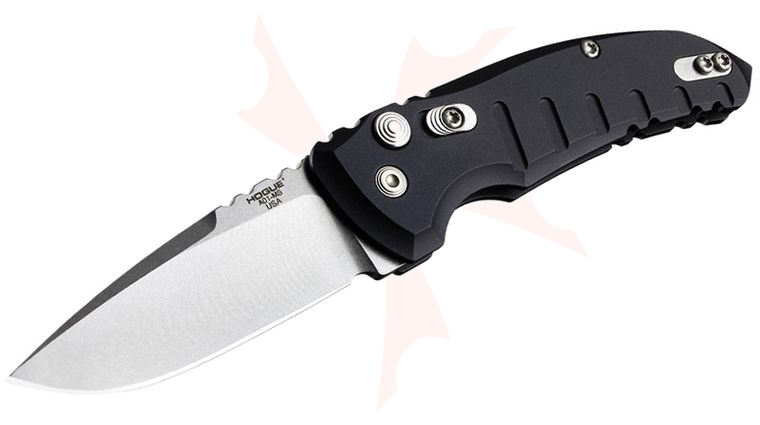 Hogue Elishewitz A01-Microswitch AUTO Folding Knife 2.75 inch CPM-154 Tumbled Drop Point Blade, Black Aluminum Handles