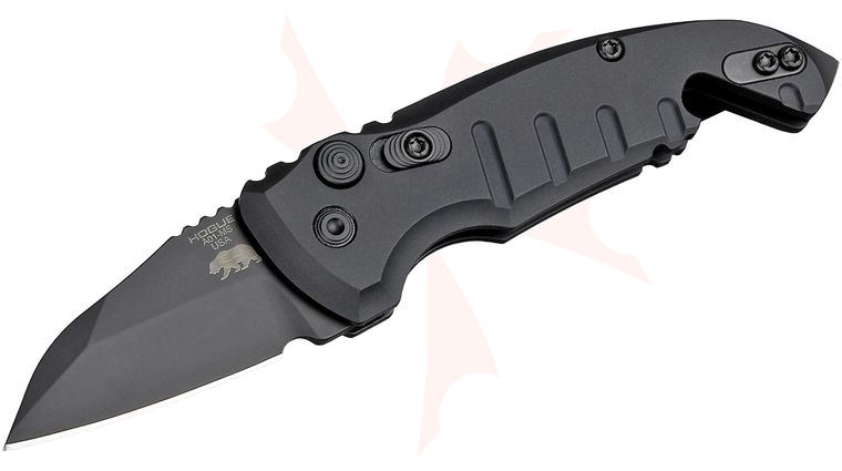 Hogue Elishewitz A01-Microswitch AUTO Folding Knife 1.95 inch CPM-154 Black Cerakote Wharncliffe Blade, Black Aluminum Handles with Bottle Opener