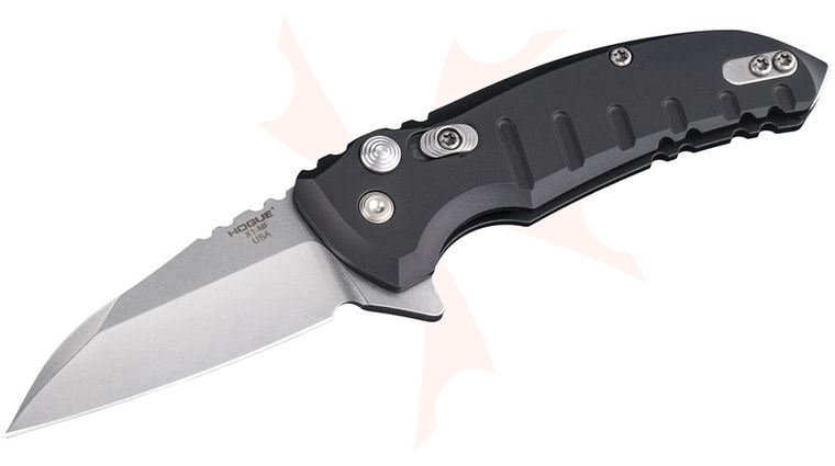 Hogue Elishewitz X1-Microflip Flipper 2.75 inch CPM-154 Stonewashed Plain Wharncliffe Blade, Black Aluminum Handles
