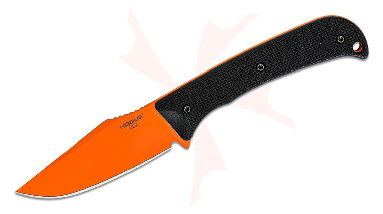 Hogue Extrak Fixed Blade Knife 3.3 inch CPM-M4 Hunter Orange Cerakote Clip Point, Black G10 Handles, Nylon Blade Guard
