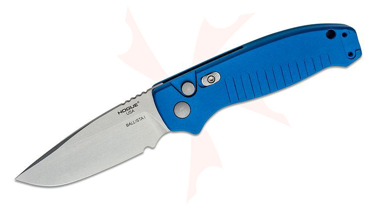 Hogue Ballista I AUTO Folding Knife 3.5 inch 154CM Tumbled Drop Point Blade, Matte Blue Aluminum Handles