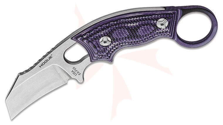 Hogue EX-F03 Hawkbill Karambit Fixed Blade Knife 2.25 inch 154CM Stonewashed Hawkbill, Purple G-Mascus Handles, Kydex Sheath