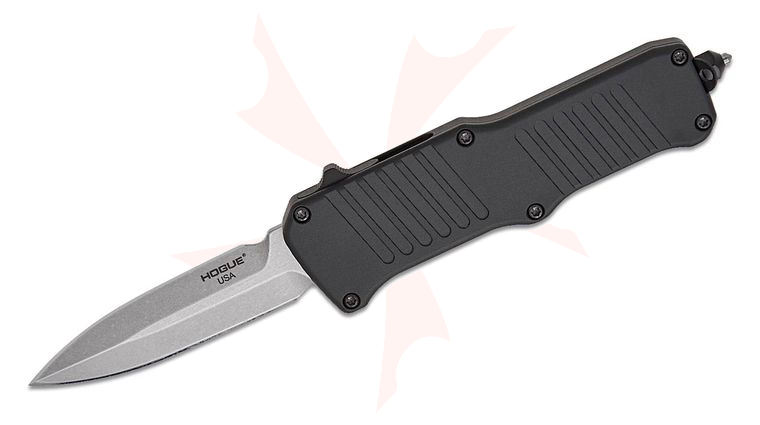 Hogue Mini Incursion OTF AUTO Knife 3.1 inch 154CM Stonewashed Double Edge Spear Point Blade, Black Aluminum Handles (U.S. Military Issued)