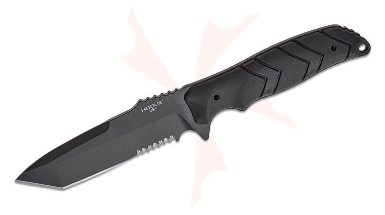 Hogue Fray Fixed Blade Knife 4.2 inch CPM-154 Black Cerakote Combo Tanto Blade, Black Overmolded Rubber Handles, Zytel Sheath (U.S. Military Issued)