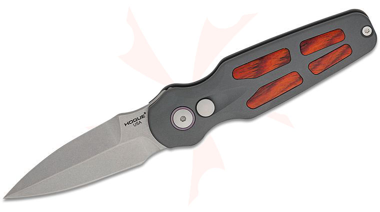 Hogue Ballista II AUTO Folding Knife 2.6 inch CPM-MagnaCut Stone Tumbled Bayonet Blade, Matte Gray Aluminum Handles with Cocobolo Wood Inserts
