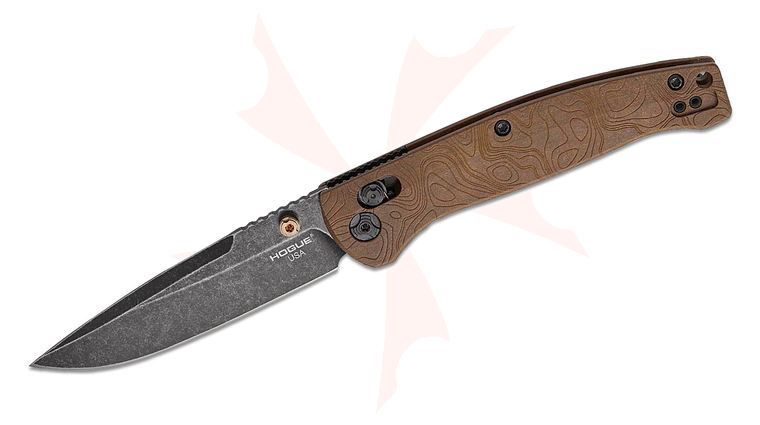 Hogue Mysto Earth ABLE Lock Folding Knife 3.4 inch CPM-MagnaCut Black Stonewashed Clip Point Blade, Browns Point Richlite Handles with Topographic Pattern