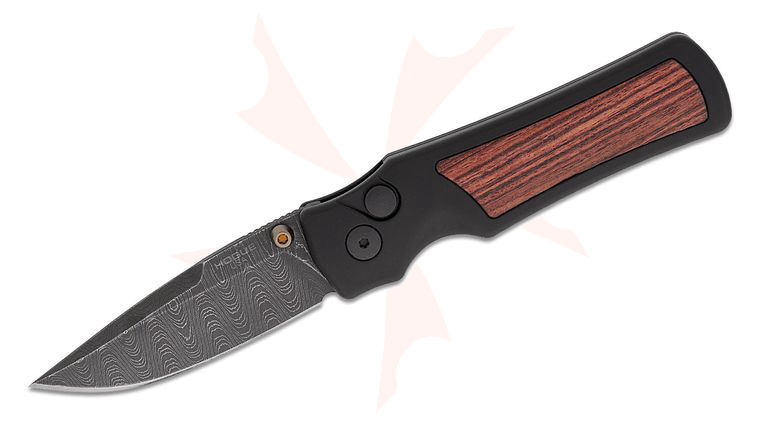 Hogue Collector Series Saxum Button Lock Folding Knife 2.8 inch Damascus Drop Point Blade, Matte Black Aluminum Handles with Kingwood Inserts
