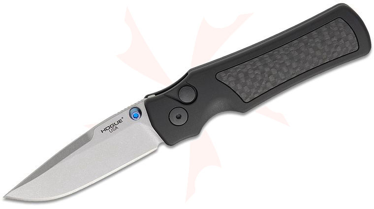 Hogue Collector Series Saxum Button Lock Folding Knife 2.8 inch MagnaMax Satin Drop Point Blade, Matte Black Aluminum Handles with Carbon Fiber Inserts