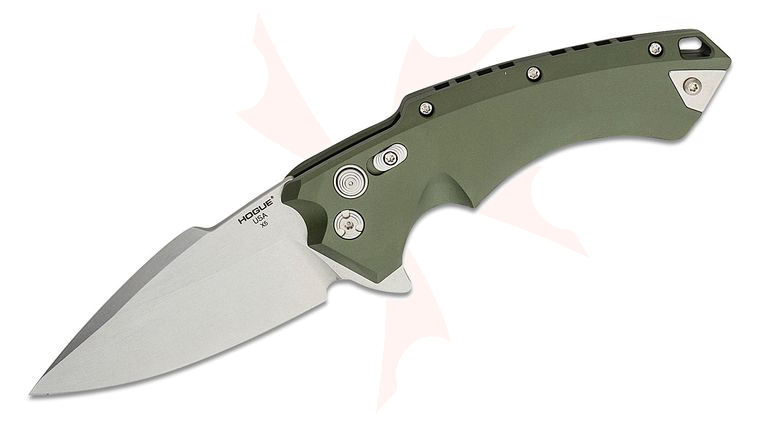 Hogue X5 Flipper Knife 4 inch CPM-154 Stonewashed Spear Point Blade, OD Green Anodized Aluminum Handles
