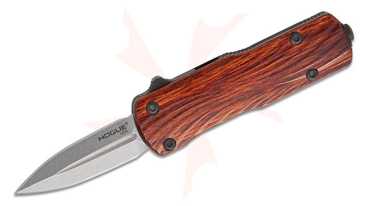 Hogue Collector Series Micro Counterstrike OTF AUTO Knife 1.95 inch CPM-MagnaCut Stonewashed Double-Edge Dagger Blade, Cocobolo Wood and Black Aluminum Handles
