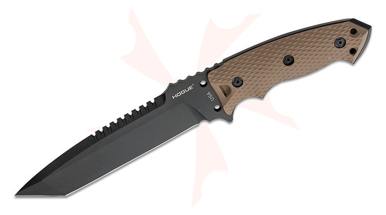 Hogue EX-F01 Combat Knife Fixed 7 inch A2 Carbon Steel Black Tanto Blade, Flat Dark Earth G10 Handles, MOLLE Sheath