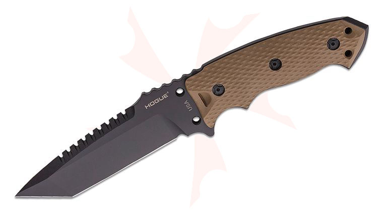 Hogue EX-F01 Combat Knife Fixed 5.5 inch A2 Carbon Steel Black Tanto Blade, Flat Dark Earth G10 Handles, MOLLE Sheath