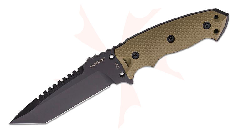 Hogue EX-F01 Combat Knife Fixed 5.5 inch A2 Carbon Steel Black Tanto Blade, OD Green G10 Handles, MOLLE Sheath