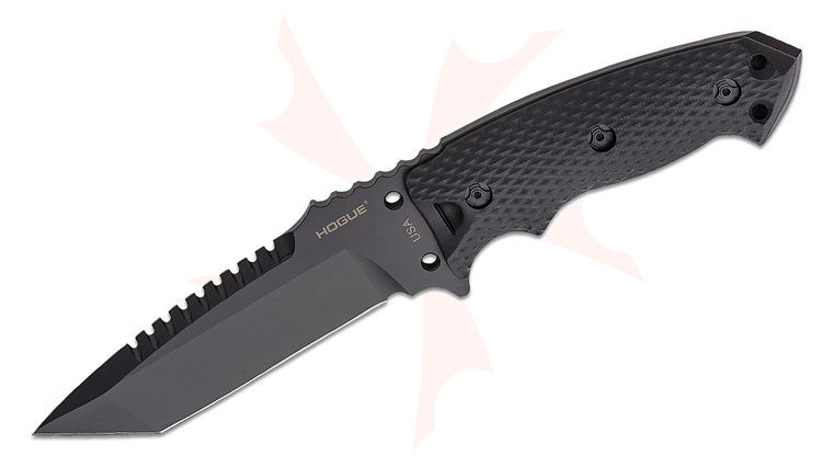 Hogue EX-F01 Combat Knife Fixed 5.5 inch A2 Carbon Steel Black Tanto Blade, Solid Black G10 Handles, MOLLE Sheath