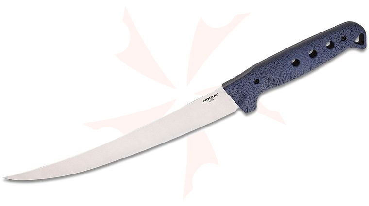 Hogue Jim Bruhns Fillet Flex Fixed Blade Knife 8.25 inch CPM-MagnaCut Tumbled Flexible Trailing Point Blade, Blue Canyon Richlite Handles with Tiger Shark Texture, GRN Blade Guard
