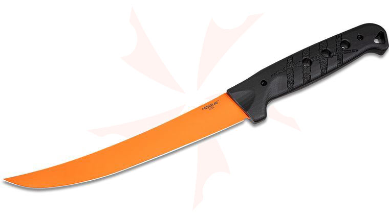 Hogue Scott Bruhns Bone Flex Fixed Blade Boning Knife 7.125 inch CPM-MagnaCut Orange Cerakote Flexible Upswept Blade, Black Diamond Richlite Handles, Nylon Blade Guard