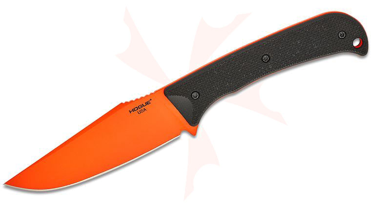 Hogue Extrak XL Fixed Blade Knife 3.9 inch CPM-M4 Orange Cerakote Clip Point, Black G10 Handles, Nylon Blade Guard