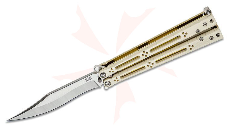 Hom Design Basilisk-R Balisong Butterfly Knife 4.625 inch 154CM Recurve Bowie Blade, Ivory G10 Handles with Bronze Titanium Liners