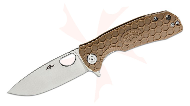 Honey Badger HB1015 Medium Flipper Knife 3.19 inch D2 Satin Drop Point Blade, Tan FRN Handles