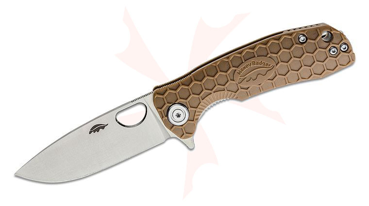 Honey Badger HB1027 Small Flipper Knife 2.81 inch D2 Satin Drop Point Blade, Tan FRN Handles