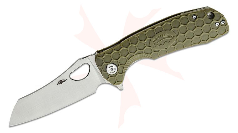 Honey Badger HB1033 Large Flipper Knife 3.63 inch Satin Wharncleaver Blade, Green FRN Handles