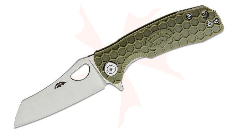 Honey Badger HB1047 Small Flipper Knife 2.81 inch Satin Wharncleaver Blade, Green FRN Handles