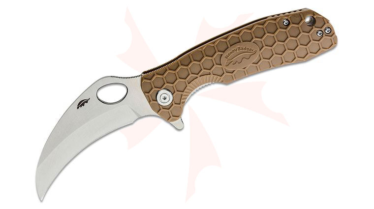 Honey Badger HB1102 Large Flipper Knife 3.38 inch Satin Plain Claw Blade, Tan FRN Handles