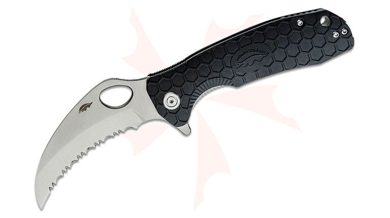 Honey Badger HB1111 Large Flipper Knife 3.38 inch Satin Serrated Claw Blade, Black FRN Handles