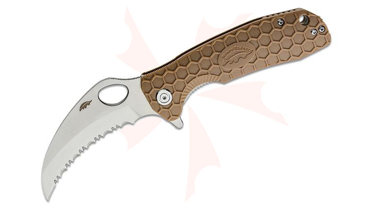 Honey Badger HB1112 Large Flipper Knife 3.38 inch Satin Serrated Claw Blade, Tan FRN Handles