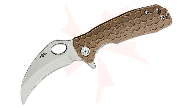 Honey Badger HB1122 Medium Flipper Knife 3 inch Satin Plain Claw Blade, Tan FRN Handles