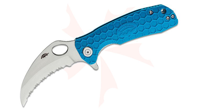 Honey Badger HB1128 Medium Flipper Knife 3 inch D2 Satin Serrated Claw Blade, Blue FRN Handles