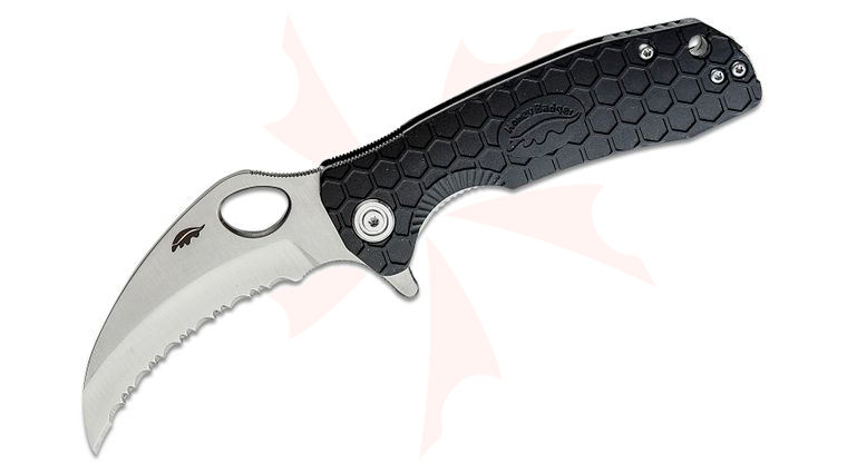Honey Badger HB1131 Medium Flipper Knife 3 inch Satin Serrated Claw Blade, Black FRN Handles