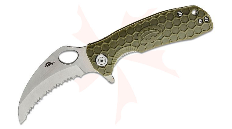 Honey Badger HB1133 Medium Flipper Knife 3 inch Satin Serrated Claw Blade, Green FRN Handles