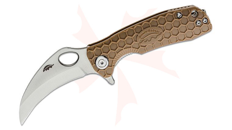 Honey Badger HB1142 Small Flipper Knife 2.75 inch Satin Plain Claw Blade, Tan FRN Handles