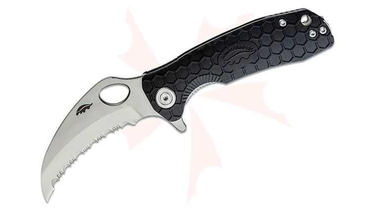 Honey Badger HB1151 Small Flipper Knife 2.75 inch Satin Serrated Claw Blade, Black FRN Handles