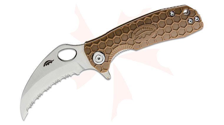 Honey Badger HB1152 Small Flipper Knife 2.75 inch Satin Serrated Claw Blade, Tan FRN Handles