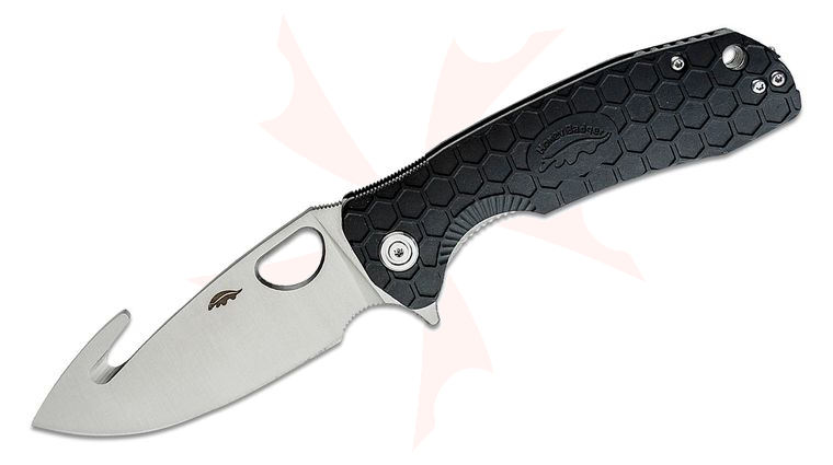 Honey Badger HB1251 Large Flipper Knife 3.63 inch Satin Blade with Guthook, Black FRN Handles
