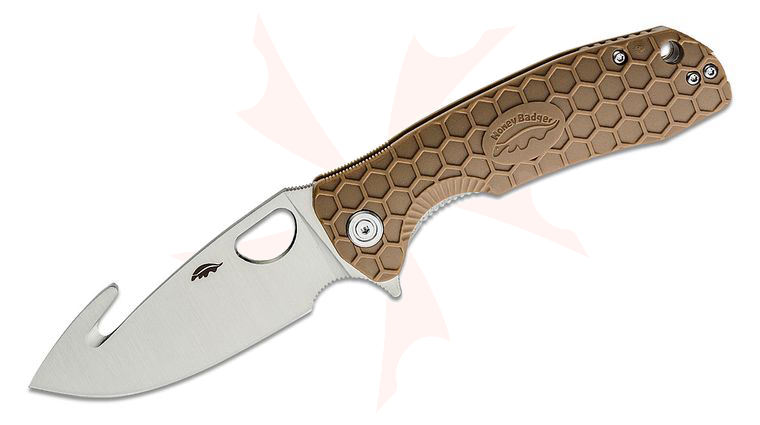Honey Badger HB1252 Large Flipper Knife 3.63 inch Satin Blade with Guthook, Tan FRN Handles