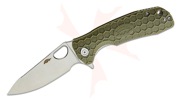 Honey Badger HB1290 Large Flipper Knife 3.63 inch Satin Leaf Blade, Green FRN Handles
