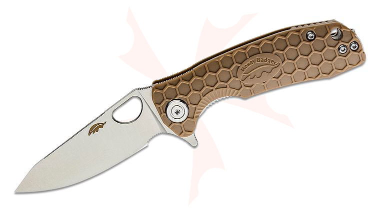 Honey Badger HB1309 Small Flipper Knife 2.81 inch Satin Leaf Blade, Tan FRN Handles
