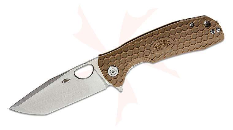 Honey Badger HB1322 Large Flipper Knife 3.63 inch Satin Tanto Blade, Tan FRN Handles