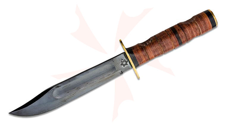 Sheffield SHE005 Israeli Commando Knife 7 inch Black Carbon Clip Point Blade, Leather Handle, Leather Sheath