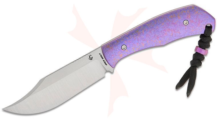 Jack Wolf Knives JW Kollab Jakeb Ginsberg Bordertown Bowie FIXedc Traditional Pocket Fixed Blade Knife 3.45 inch S90V Belt Satin Bowie Blade, Purple Anodized Crystalized Titanium Handles, IWB Leather Sheath
