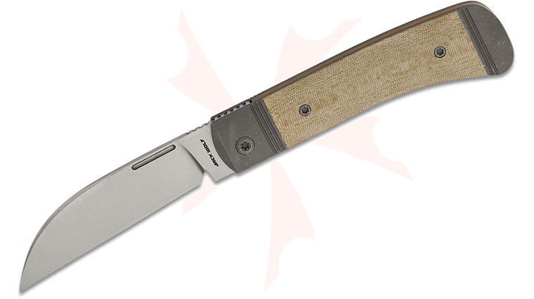 Jack Wolf Knives Diamondback Jack Traditional Bolster Lock Front Flipper Knife 3.35 inch CPM-S90V Stonewashed Wharncliffe Blade, Blasted Bolstered Titanium Handles with Green Linen Micarta Scales