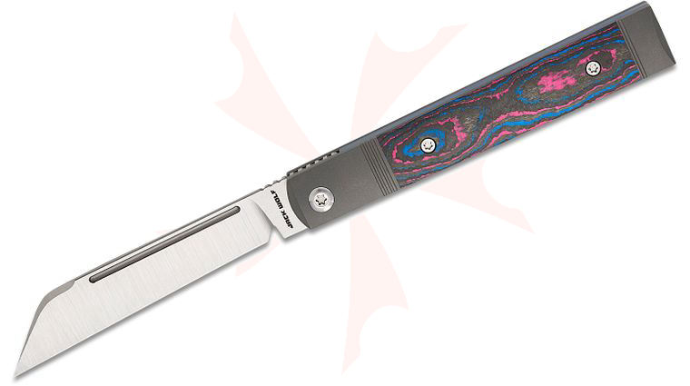 Jack Wolf Knives Feelbetter Jack Bolster Lock Front Flipper Knife 3.38 inch CPM-S90V Belt Satin Sheepsfoot Blade, Dark Blasted Bolstered Titanium Handles with Miami Vice CamoCarbon Scales