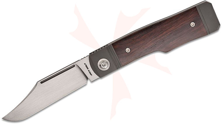 Jack Wolf Knives Gunslinger Jack Traditional Bolster Lock Front Flipper Knife 3.21 inch CPM-S90V Hand Satin Clip Point Blade, Dark Blasted Bolstered Titanium Handles with Ebony Wood Scales