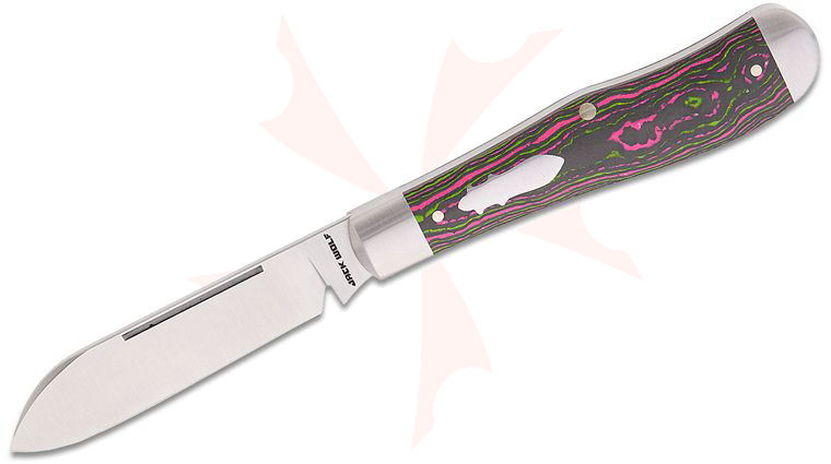 Jack Wolf Knives Gateway Series Eureka Jack Traditional Slipjoint Folding Knife 2.83 inch 14C28N Satin Drop Point Blade, Satin Bolstered Stainless Steel Handles with Watermelon Sugar CamoCarbon Scales