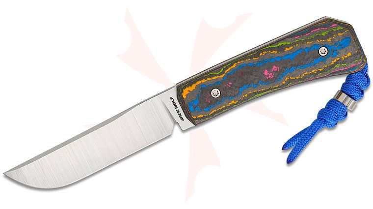 Jack Wolf Knives Pioneer FIXedc Traditional Pocket Fixed Blade Knife 3 inch CPM-S90V Belt Satin Drop Point Blade, 80's CamoCarbon Handles, Leather Sheath