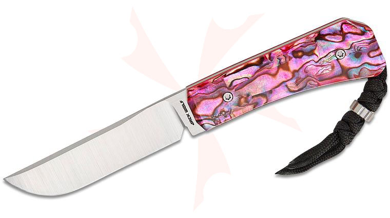 Jack Wolf Knives Pioneer FIXedc Traditional Pocket Fixed Blade Knife 3 inch CPM-S90V Belt Satin Drop Point Blade, Red Abalone Handles, Leather Sheath